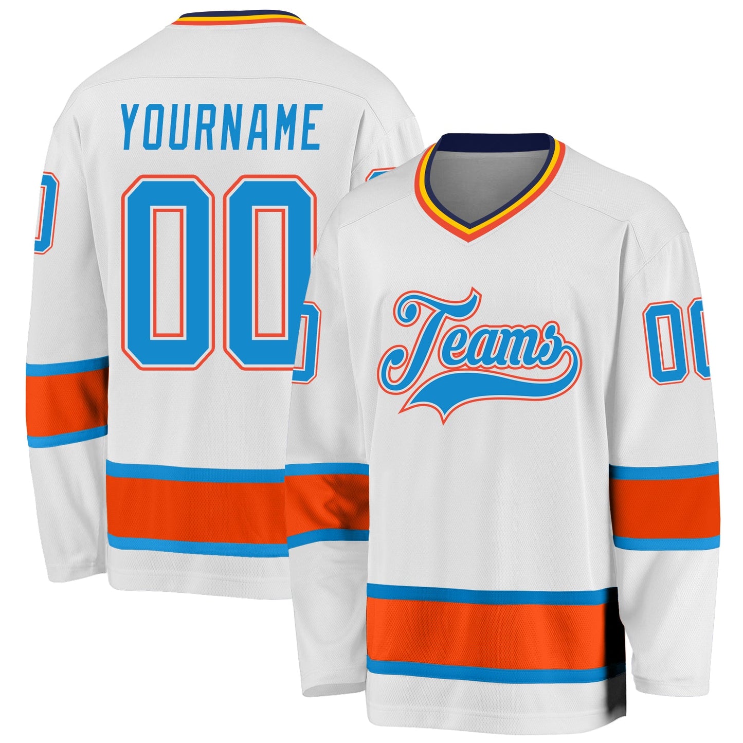 Custom White Blue-Orange Hockey Jersey - Main View