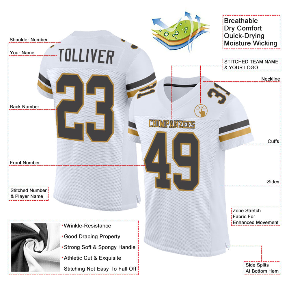 Custom White Steel Gray-Old Gold Mesh Authentic Football Jersey view 2