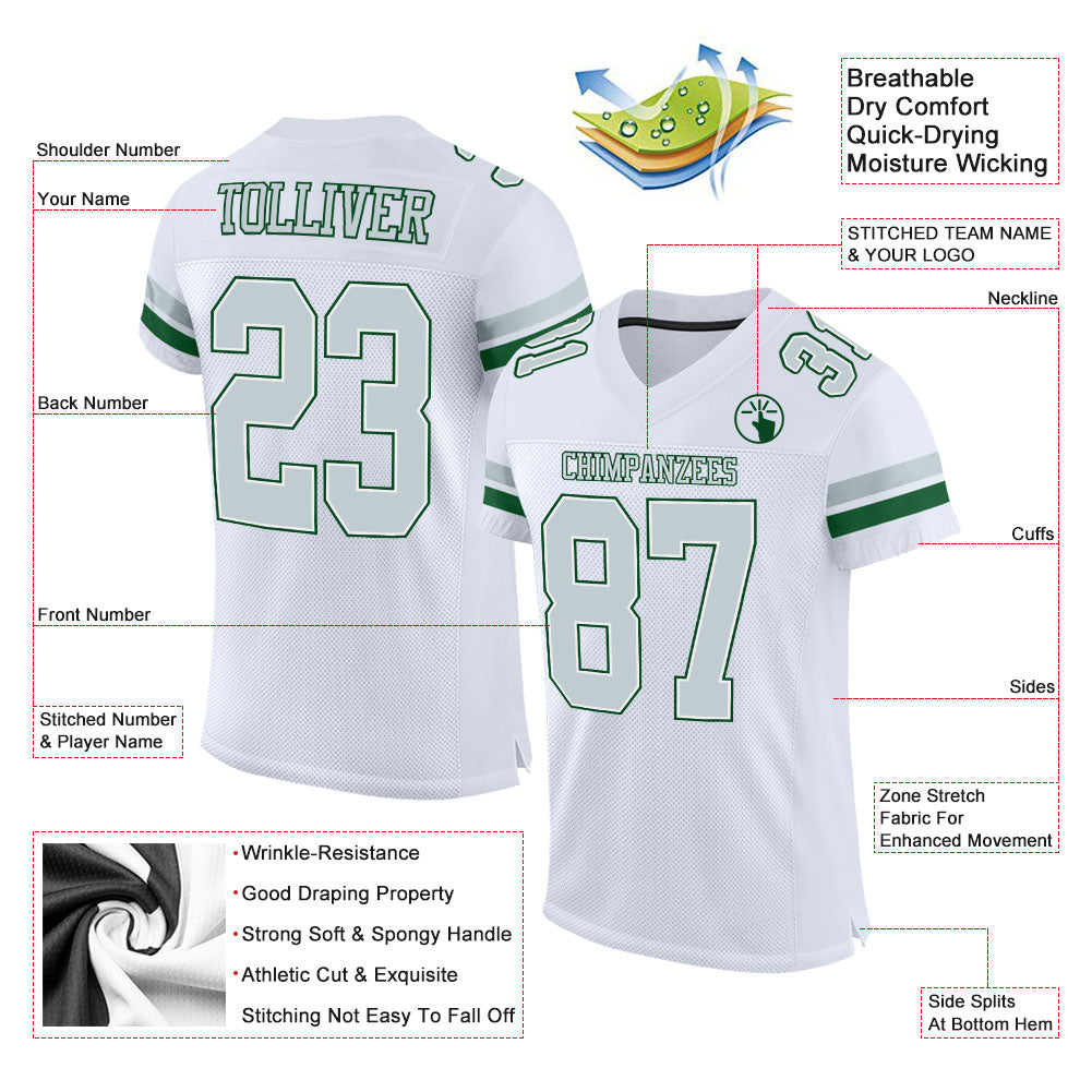 Custom White Silver-Green Mesh Authentic Football Jersey view 2