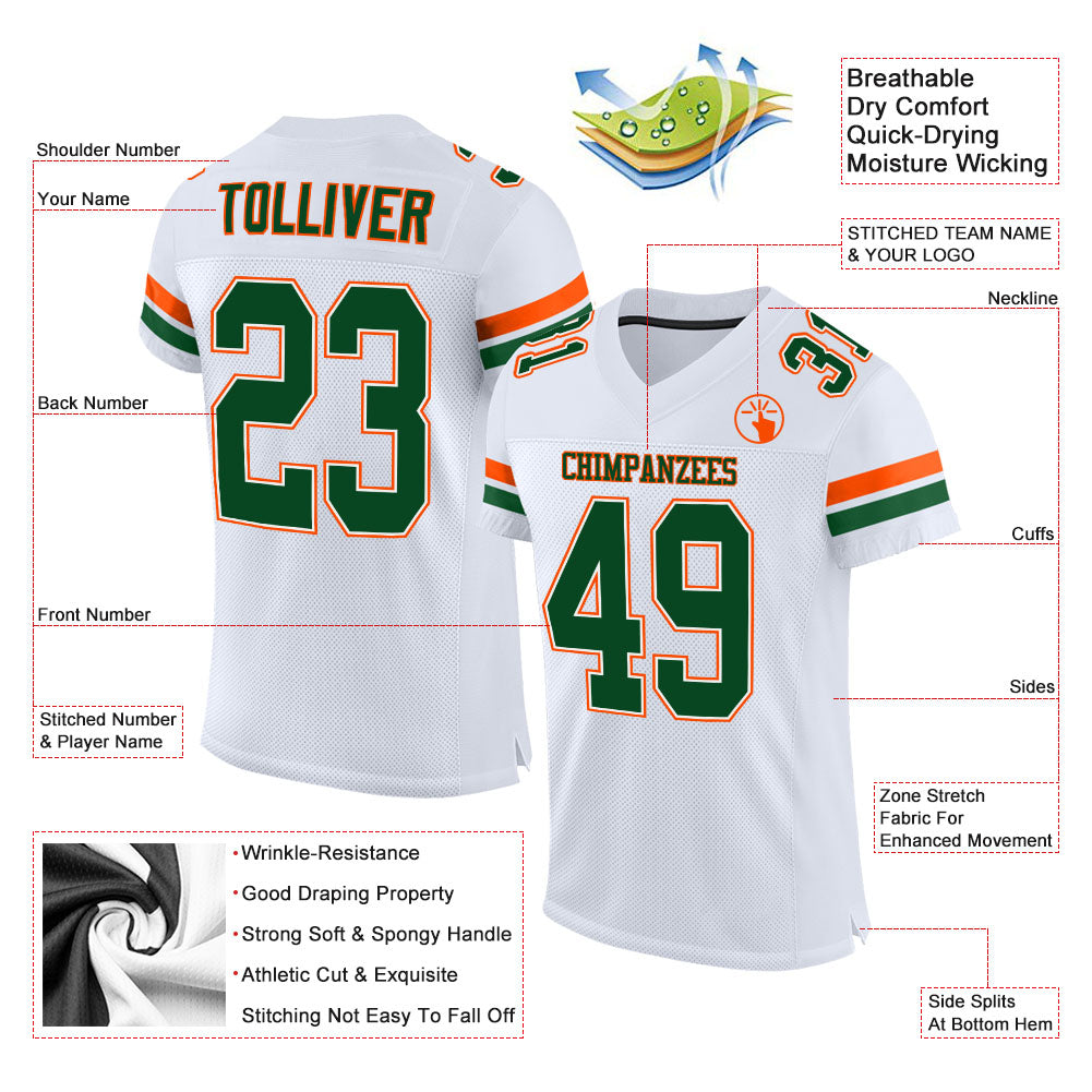 Custom White Green-Orange Mesh Authentic Football Jersey view 2