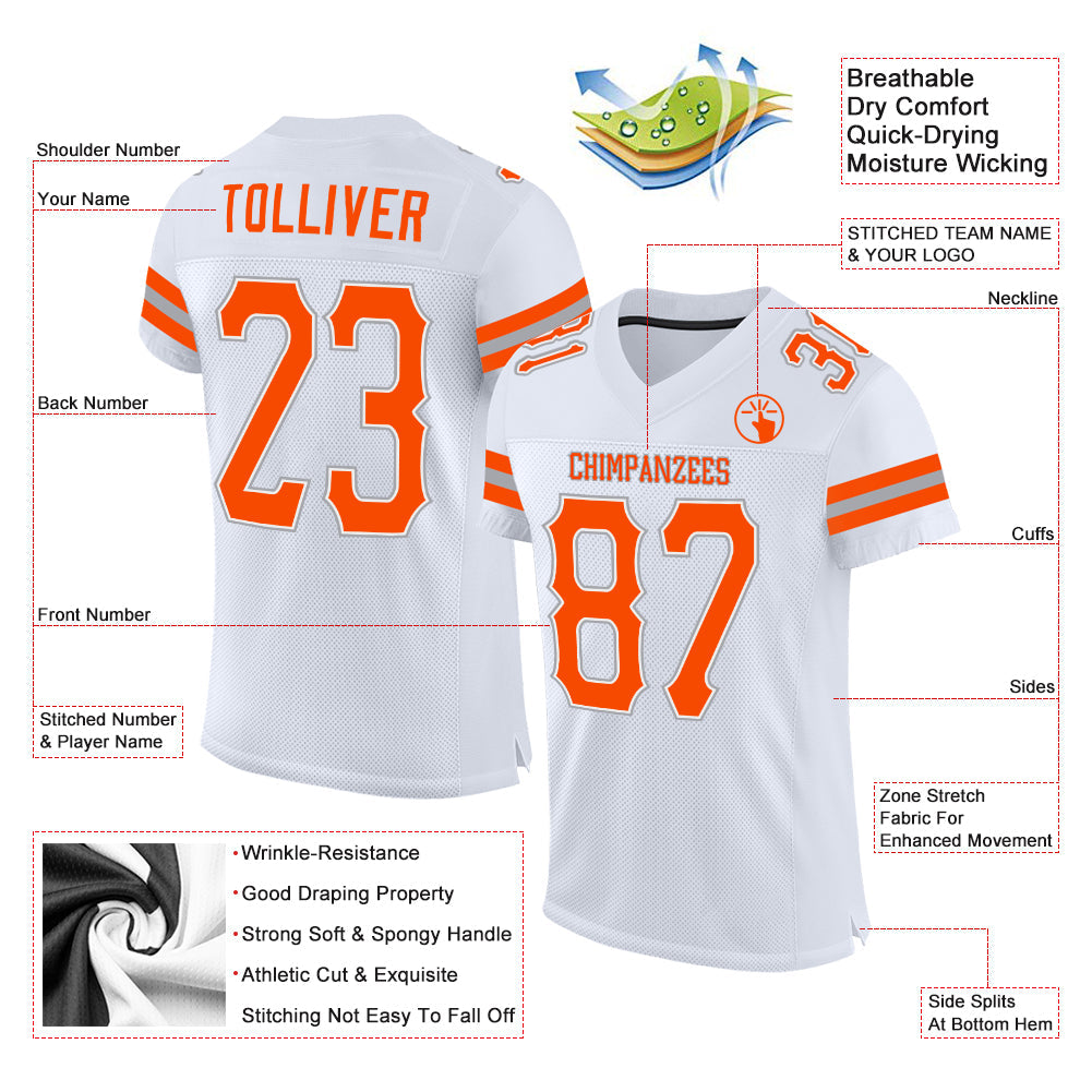 Custom White Orange-Gray Mesh Authentic Football Jersey view 2