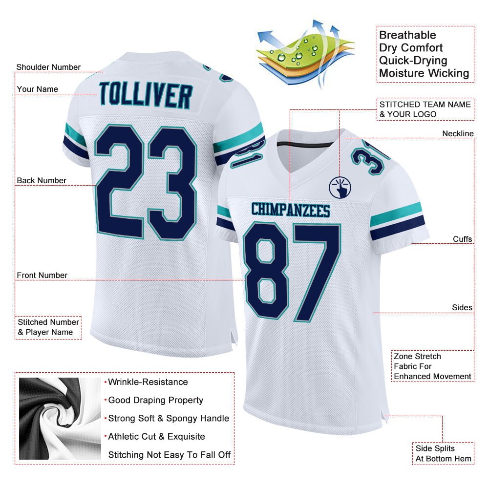Custom White Navy-Aqua Mesh Authentic Football Jersey view 2