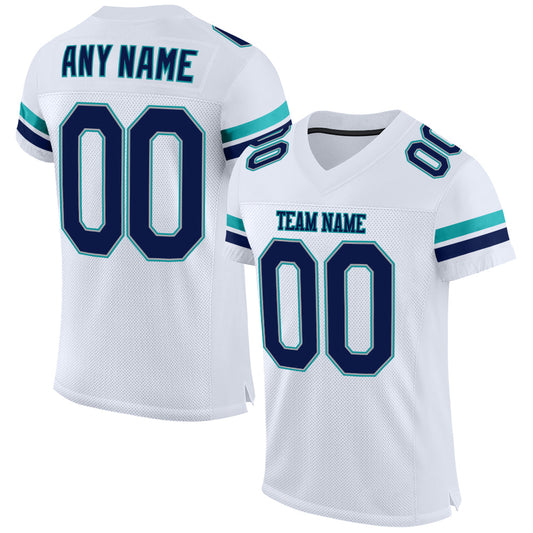 Custom White Navy-Aqua Mesh Authentic Football Jersey - Main View