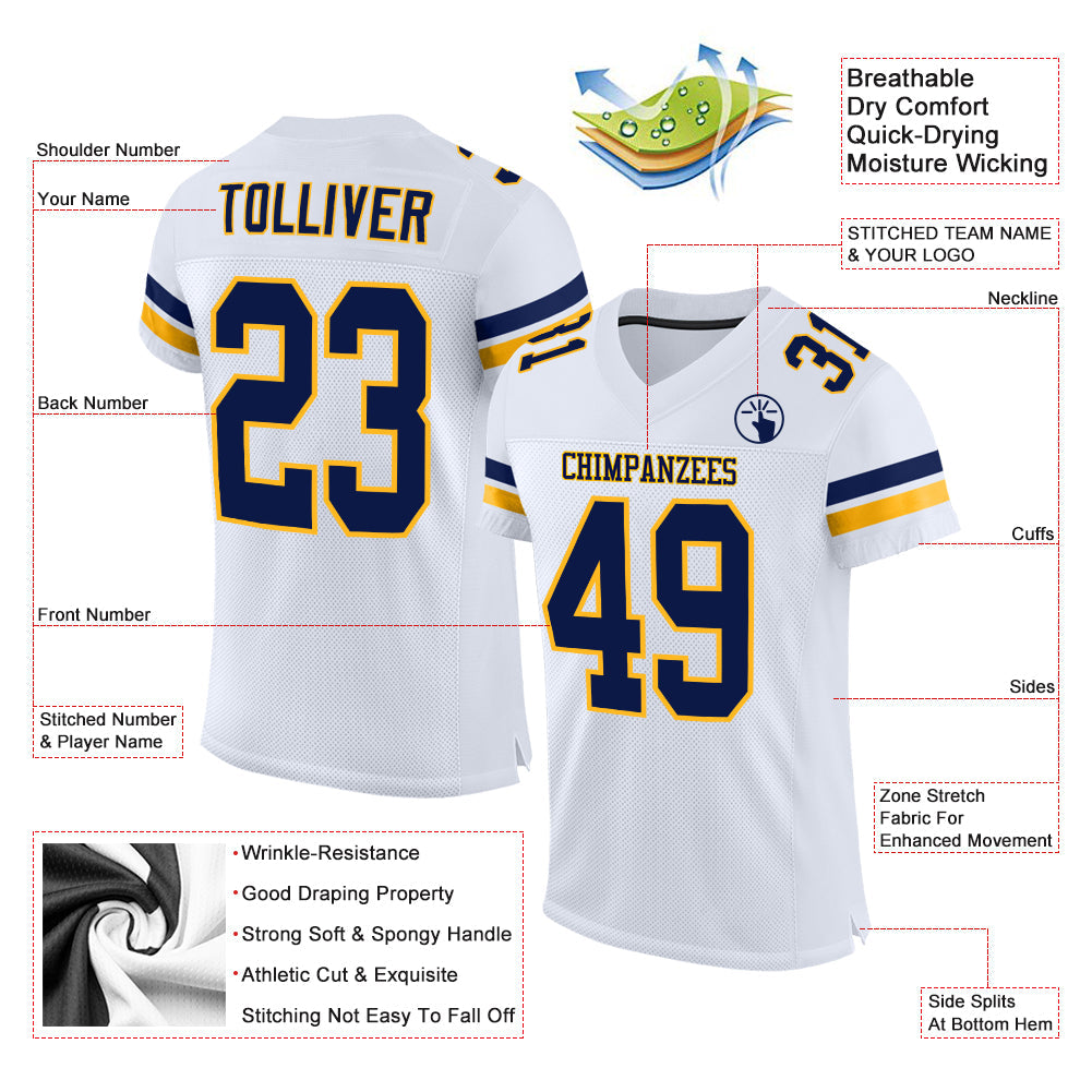 Custom White Navy-Gold Mesh Authentic Football Jersey view 2