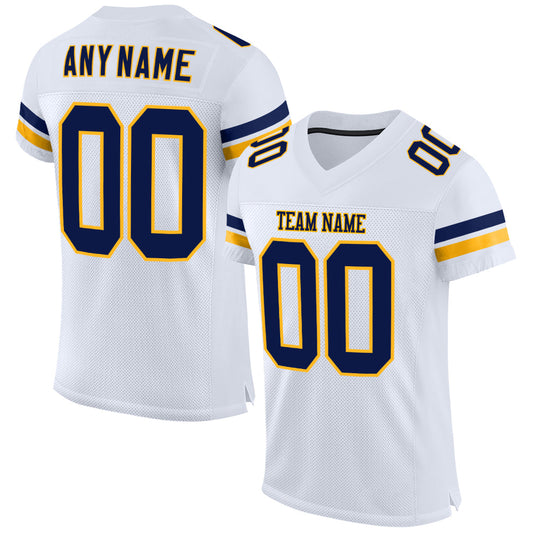 Custom White Navy-Gold Mesh Authentic Football Jersey - Main View