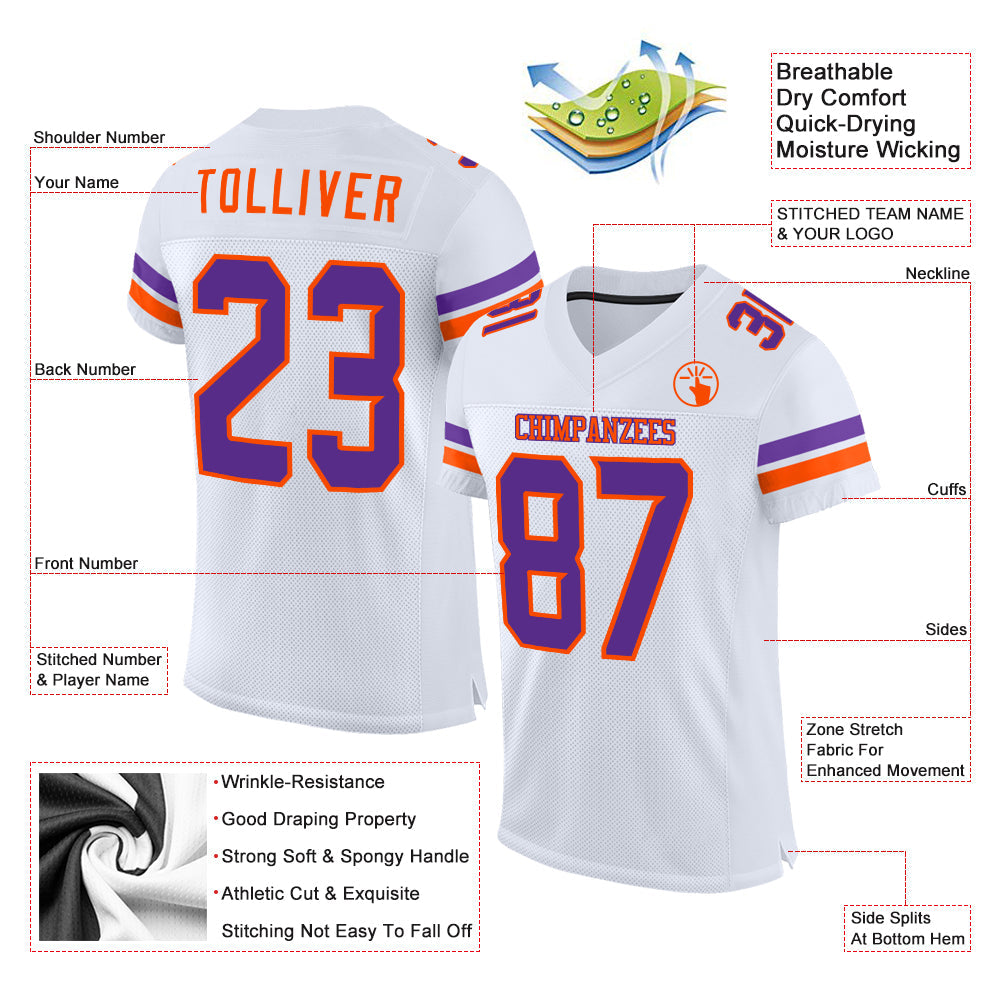 Custom White Purple-Orange Mesh Authentic Football Jersey view 2