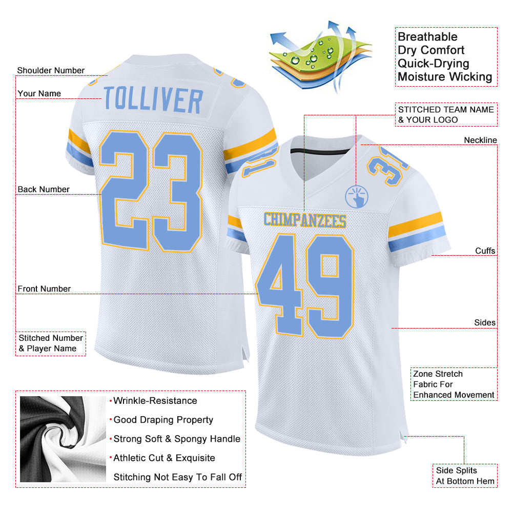 Custom White Light Blue-Gold Mesh Authentic Football Jersey view 3