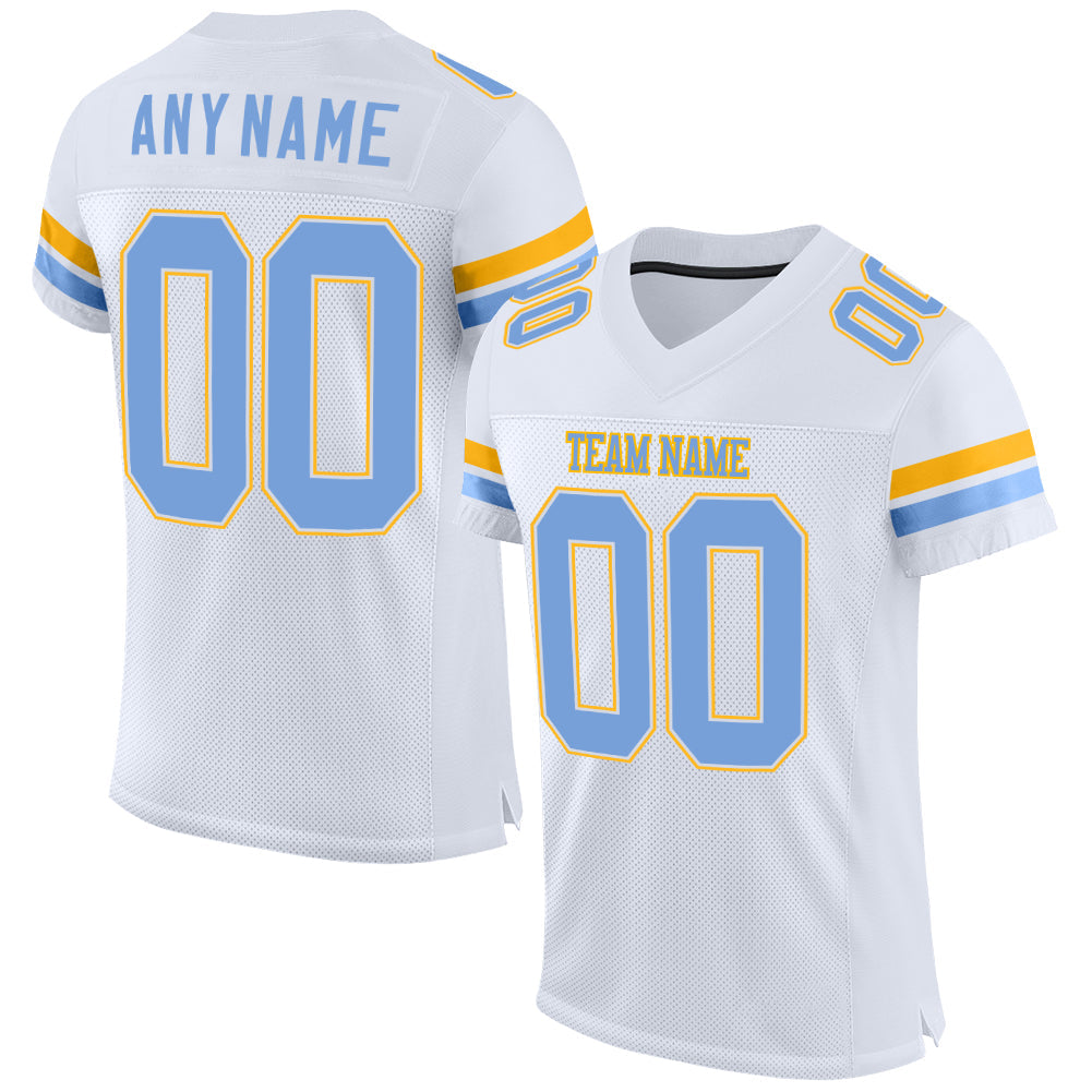 Custom White Light Blue-Gold Mesh Authentic Football Jersey - Main View
