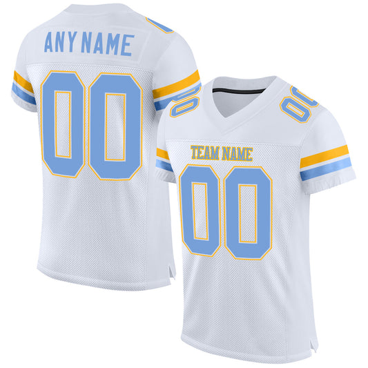 Custom White Light Blue-Gold Mesh Authentic Football Jersey - Main View