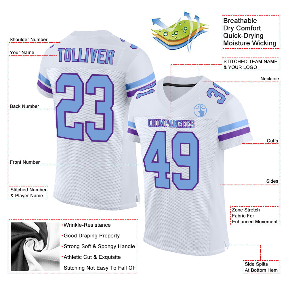 Custom White Light Blue-Purple Mesh Authentic Football Jersey view 2