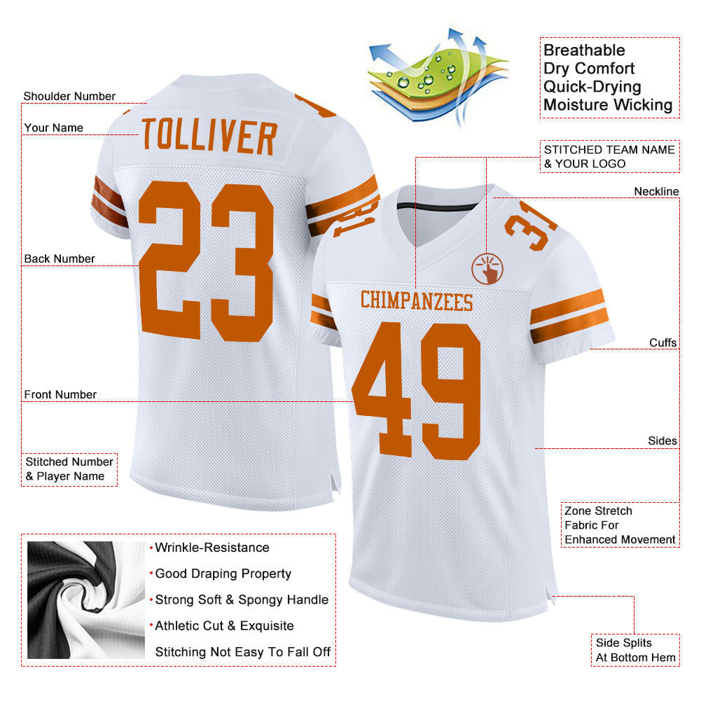 Custom White Texas Orange Mesh Authentic Football Jersey view 2