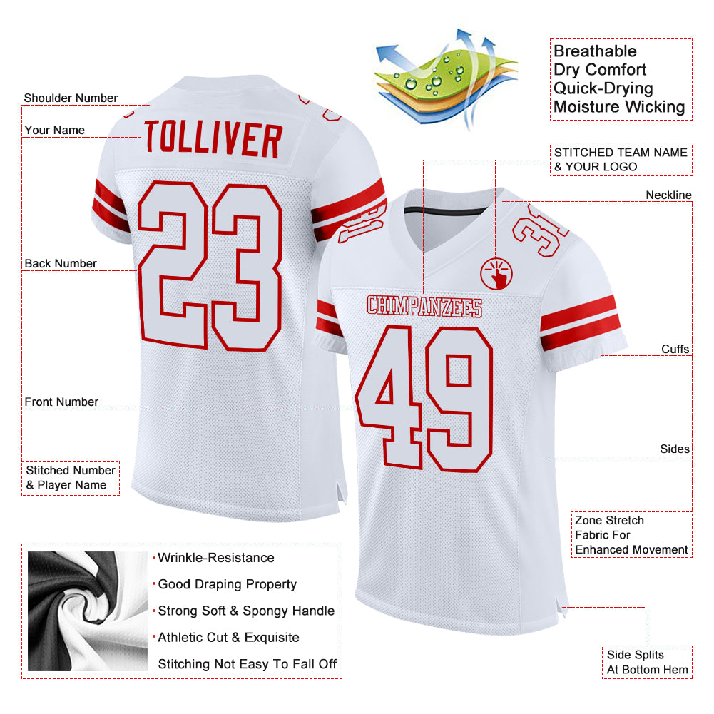 Custom White White-Red Mesh Authentic Football Jersey view 2