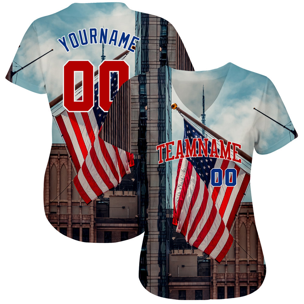 Custom White Red-Royal 3D American Flag Fashion Authentic Baseball Jersey view 2