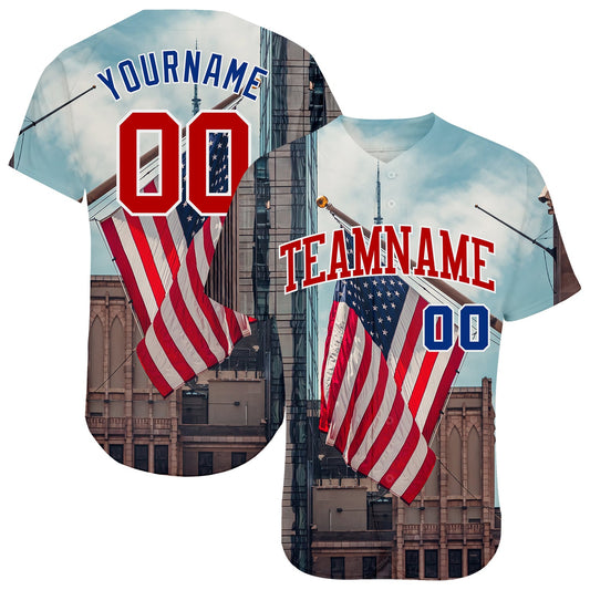Custom White Red-Royal 3D American Flag Fashion Authentic Baseball Jersey - Main View