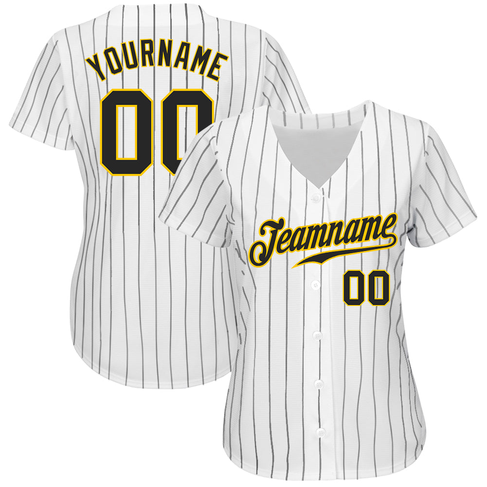 Custom White Black Pinstripe Black-Gold Authentic Baseball Jersey view 2