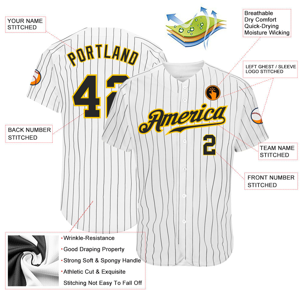 Custom White Black Pinstripe Black-Gold Authentic Baseball Jersey view 3