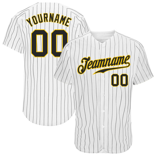 Custom White Black Pinstripe Black-Gold Authentic Baseball Jersey - Main View