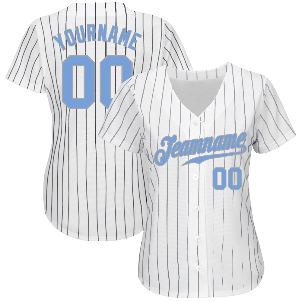 Custom White Navy Pinstripe Light Blue-Gray Authentic Baseball Jersey view 2