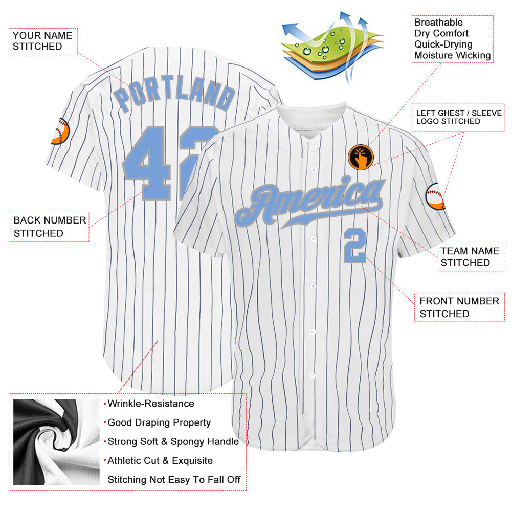 Custom White Navy Pinstripe Light Blue-Gray Authentic Baseball Jersey view 3
