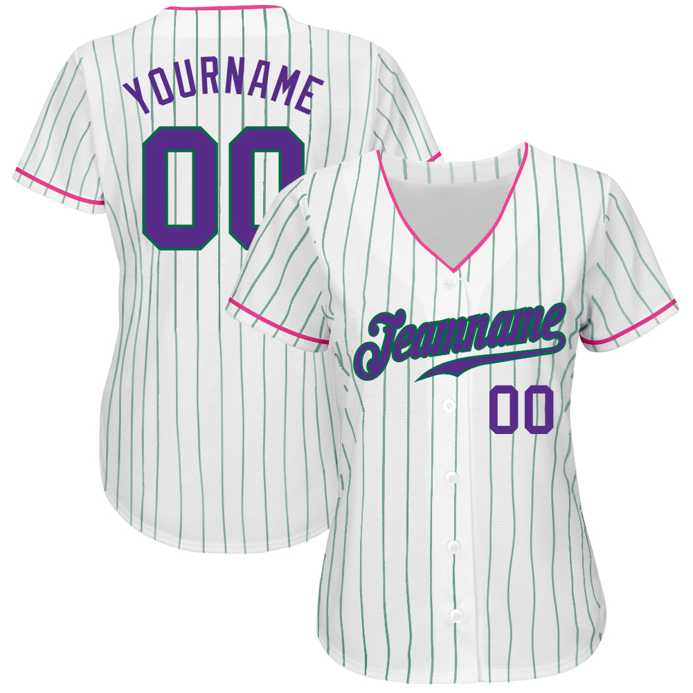 Custom White Kelly Green Pinstripe Purple-Pink Authentic Baseball Jersey view 2