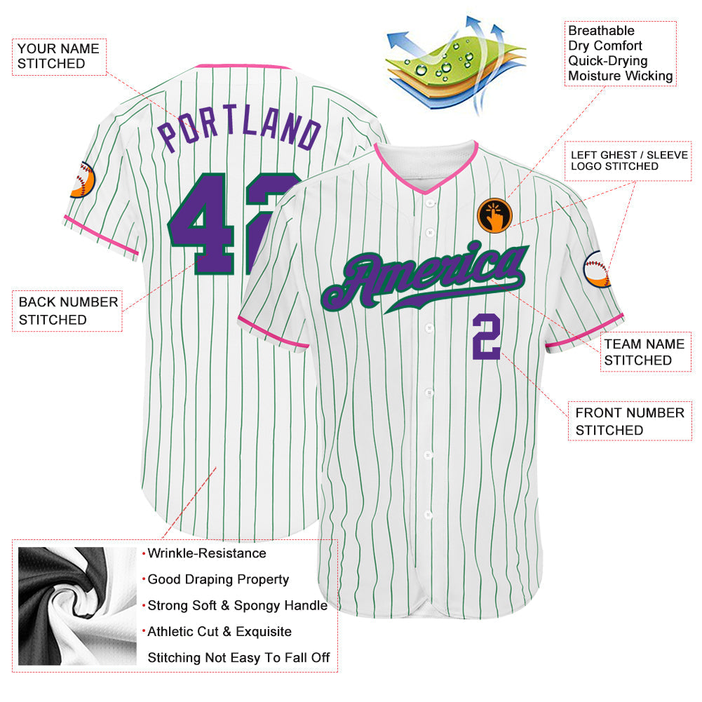 Custom White Kelly Green Pinstripe Purple-Pink Authentic Baseball Jersey view 3
