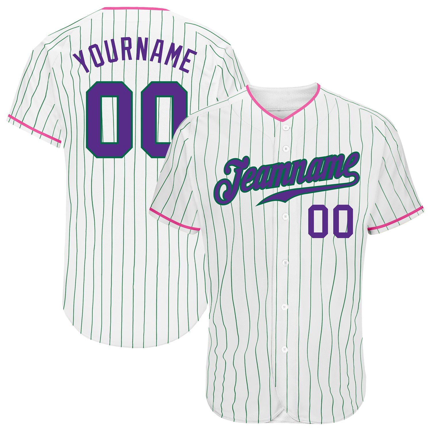 Custom White Kelly Green Pinstripe Purple-Pink Authentic Baseball Jersey - Main View