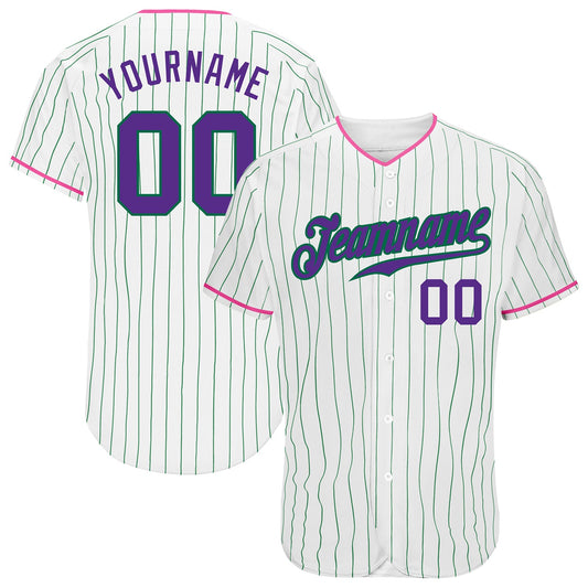 Custom White Kelly Green Pinstripe Purple-Pink Authentic Baseball Jersey - Main View