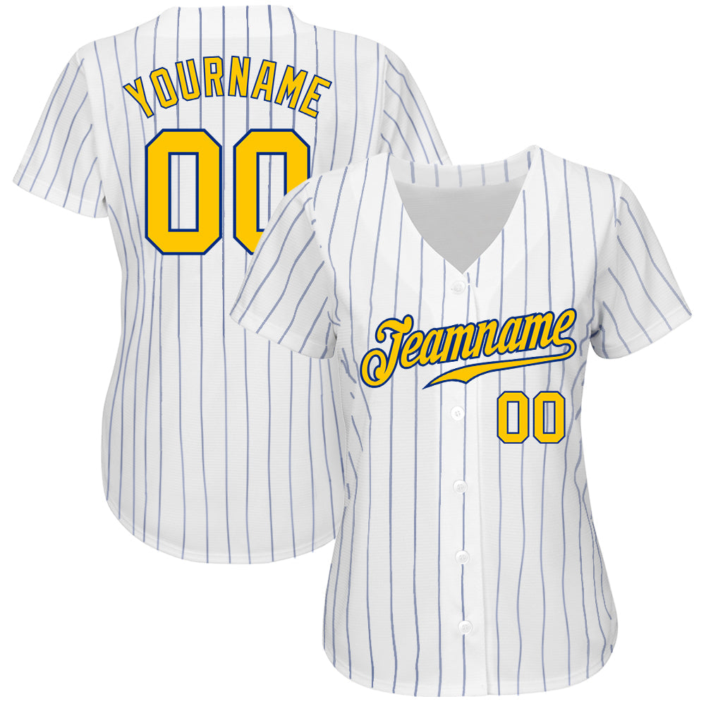 Custom White Royal Pinstripe Gold-Royal Authentic Baseball Jersey view 2