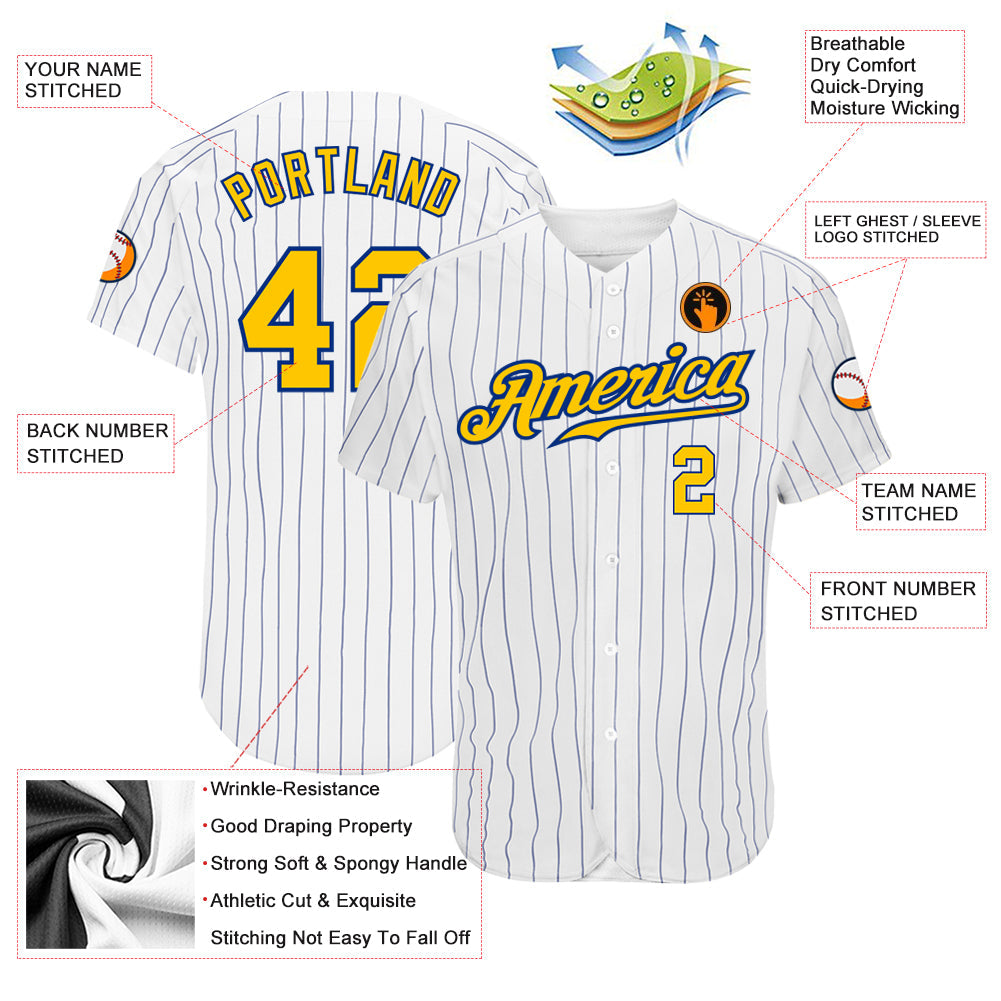 Custom White Royal Pinstripe Gold-Royal Authentic Baseball Jersey view 3