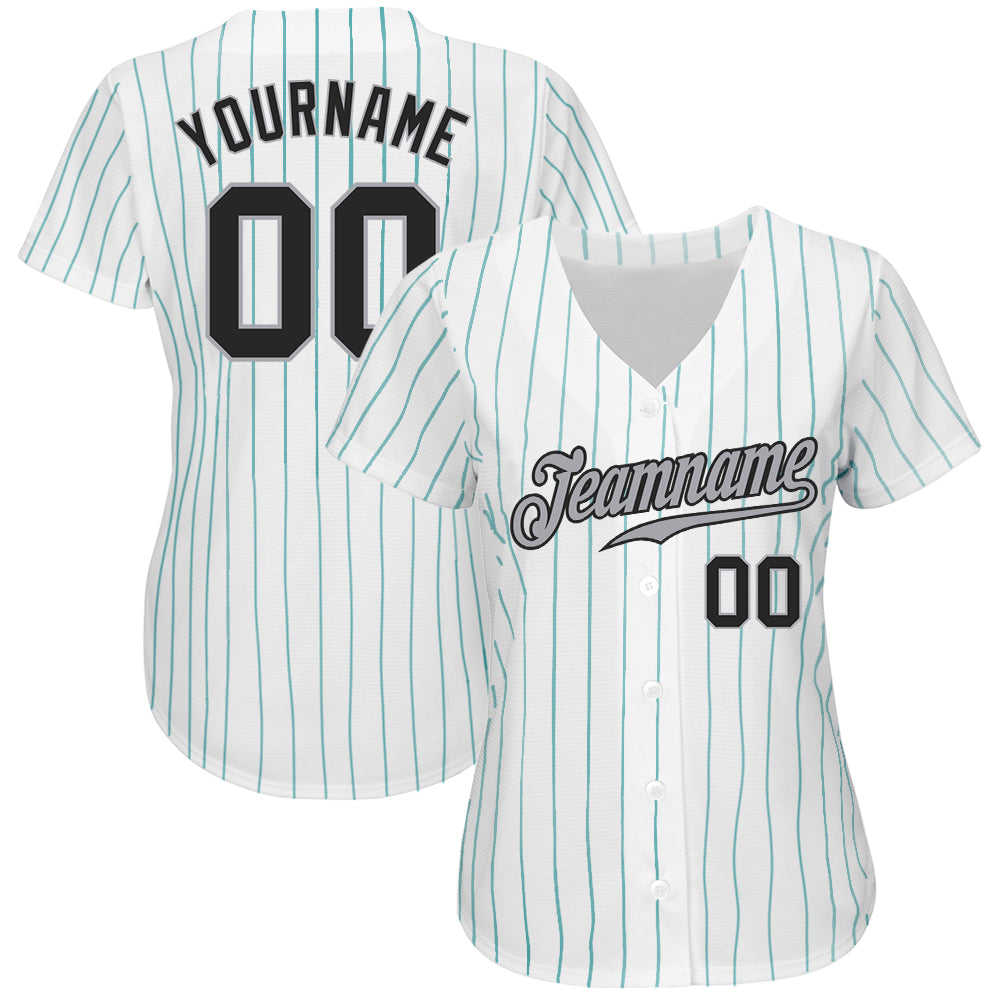 Custom White Teal Pinstripe Black-Gray Authentic Baseball Jersey view 2