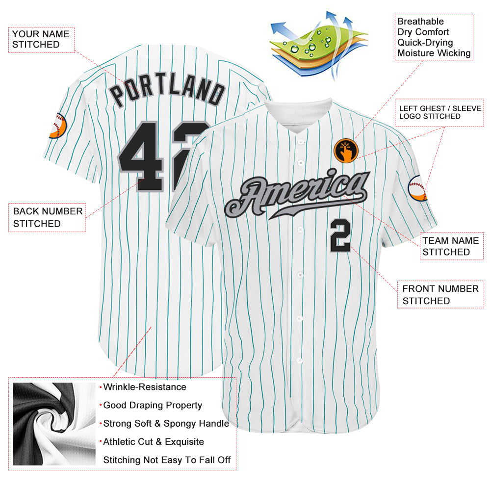 Custom White Teal Pinstripe Black-Gray Authentic Baseball Jersey view 3