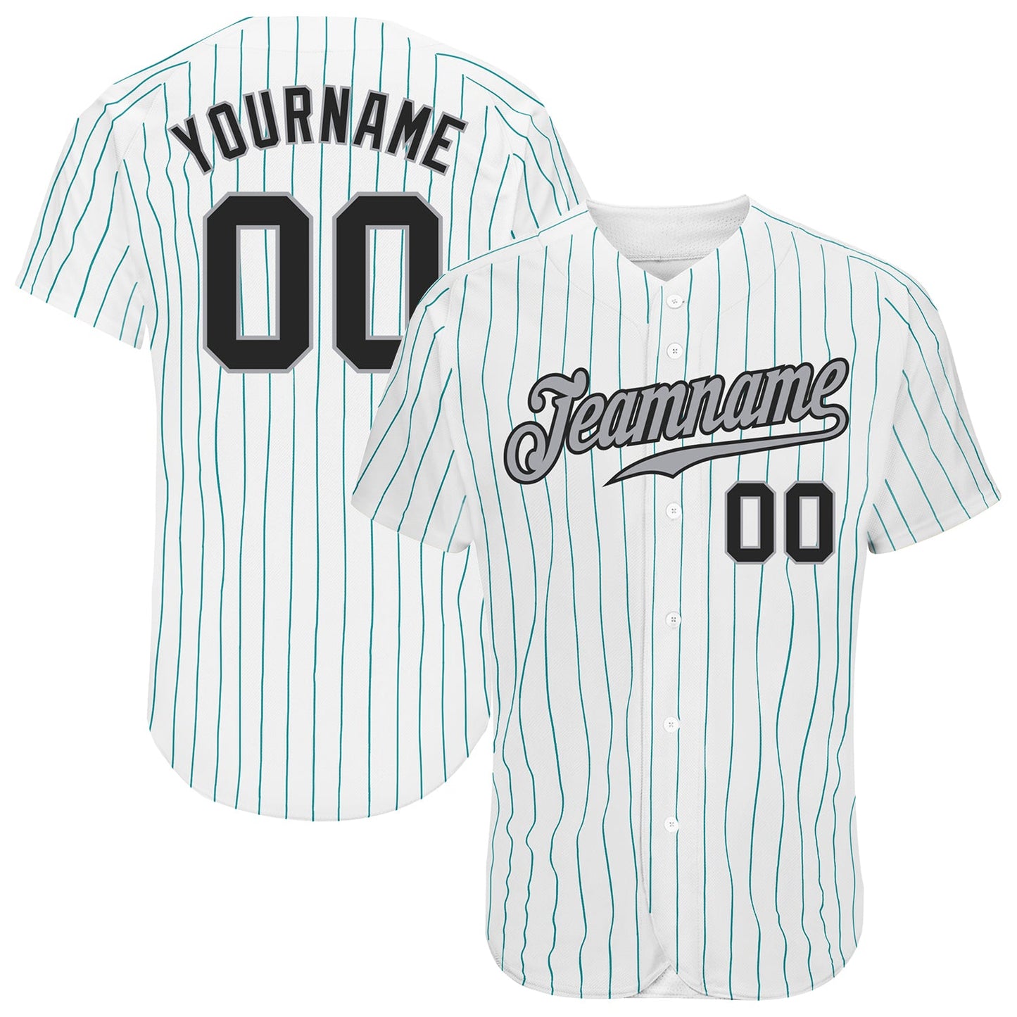 Custom White Teal Pinstripe Black-Gray Authentic Baseball Jersey - Main View