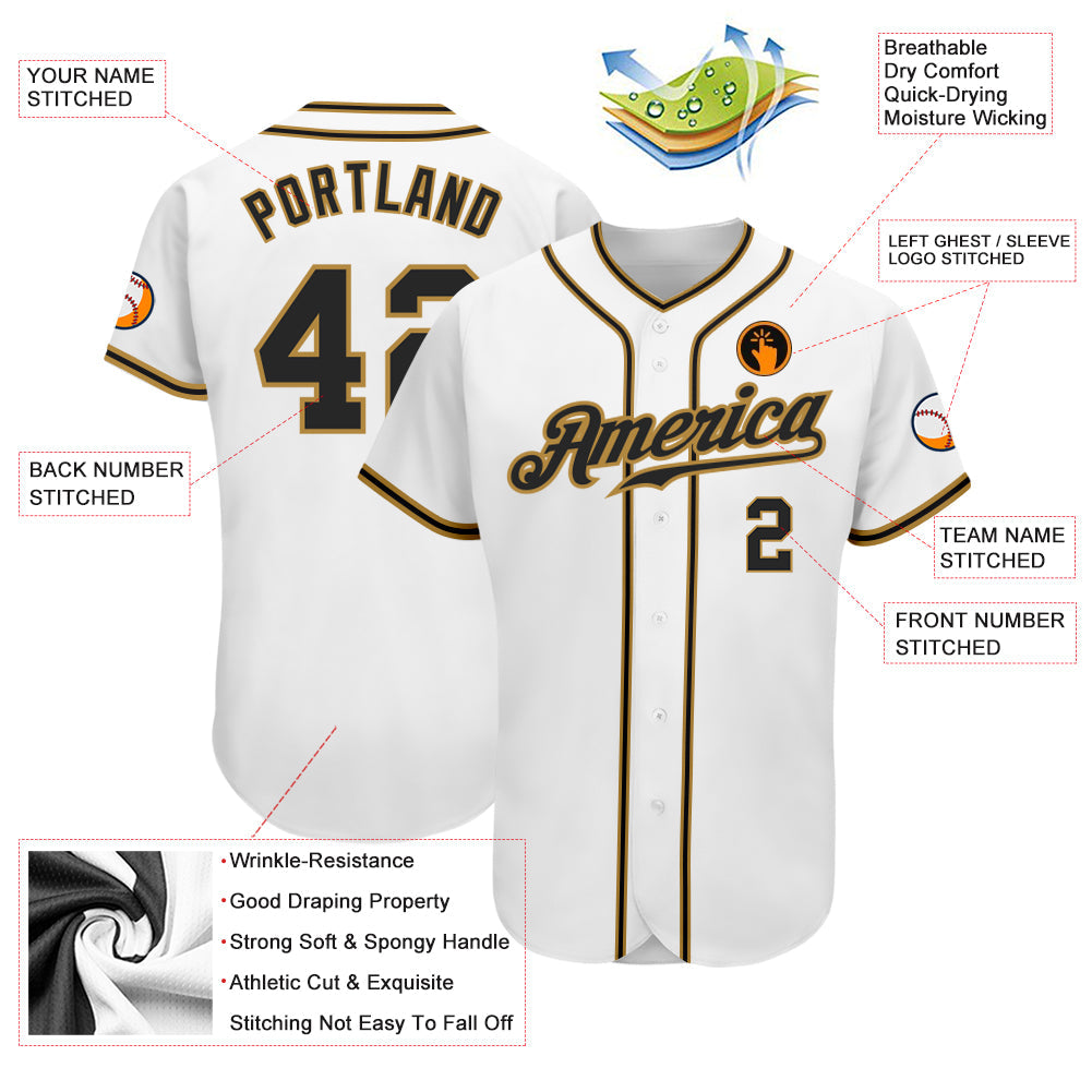Custom White Black-Old Gold Authentic Baseball Jersey view 4