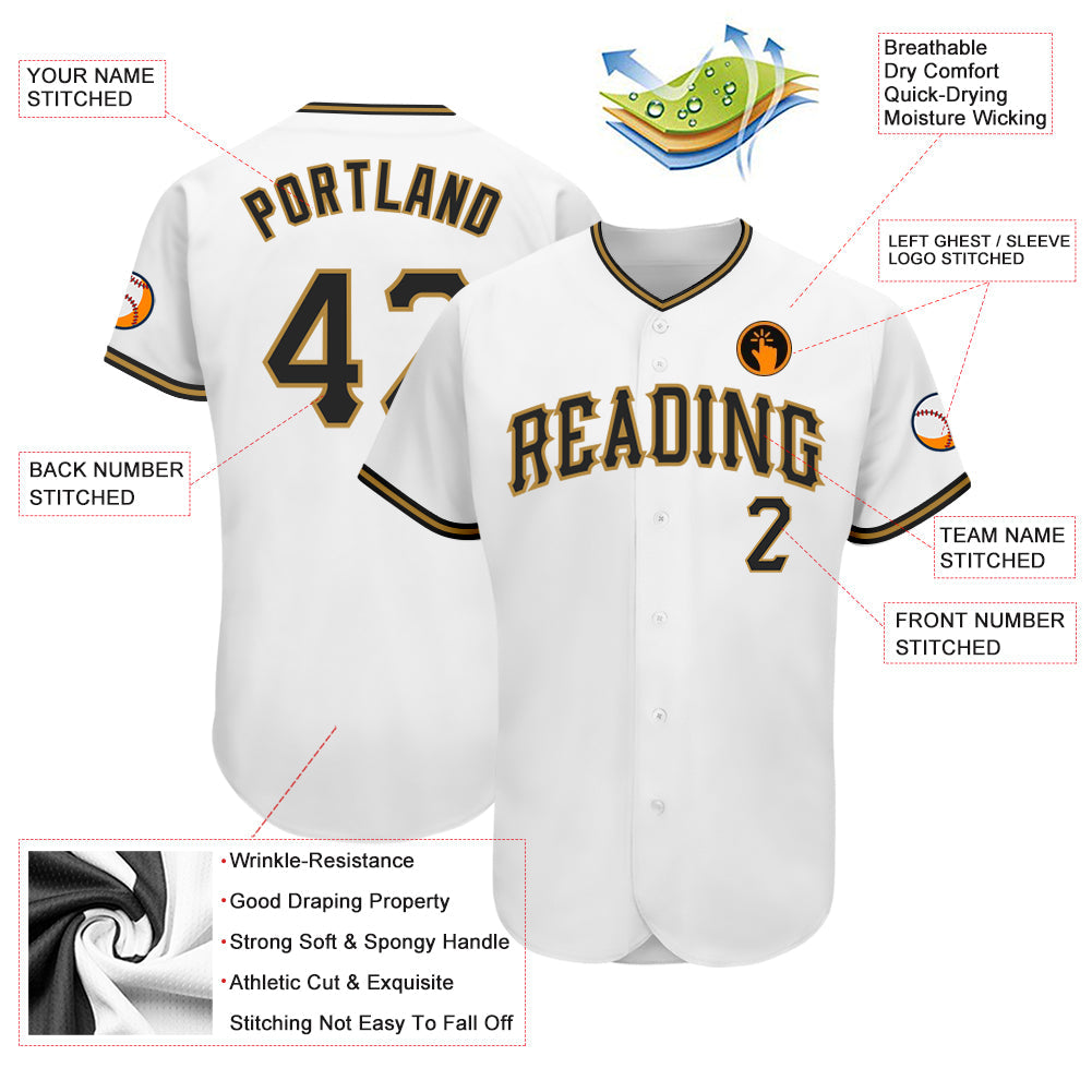 Custom White Black-Old Gold Authentic Baseball Jersey view 3