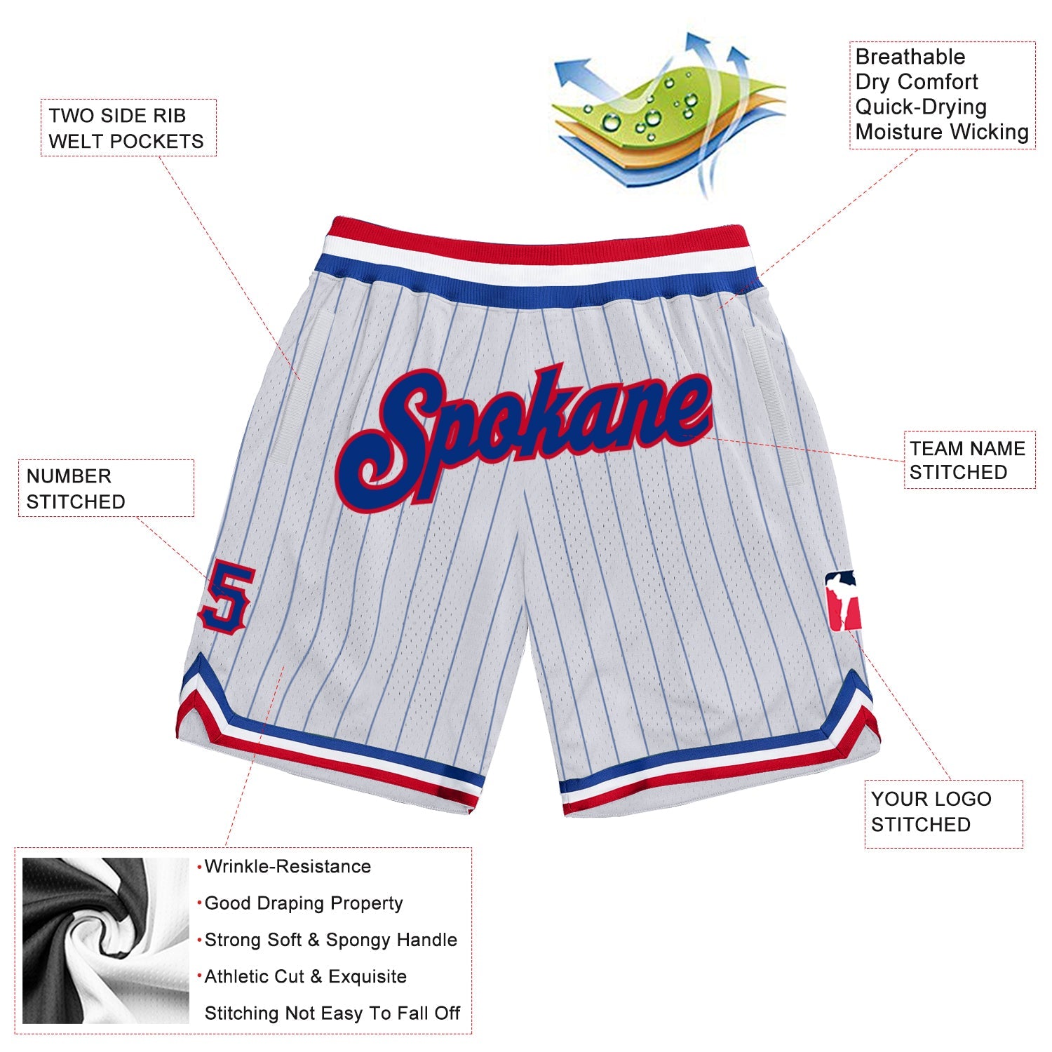 Custom White Royal Pinstripe Royal-Red Authentic Basketball Shorts view 2