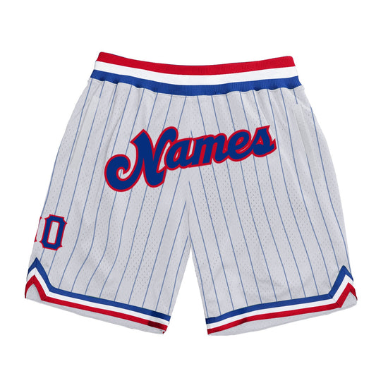 Custom White Royal Pinstripe Royal-Red Authentic Basketball Shorts - Main View