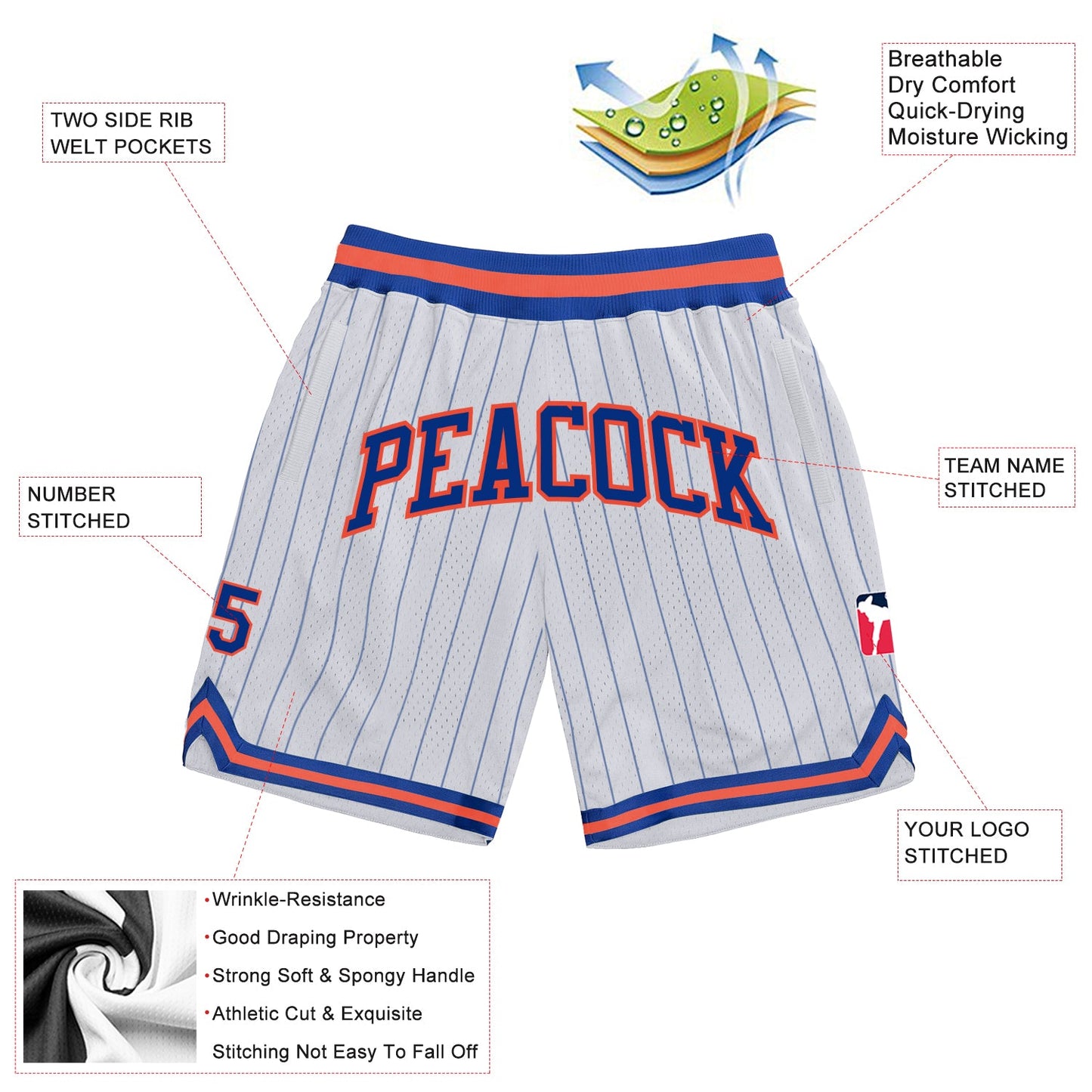 Custom White Royal Pinstripe Royal-Orange Authentic Basketball Shorts view 2