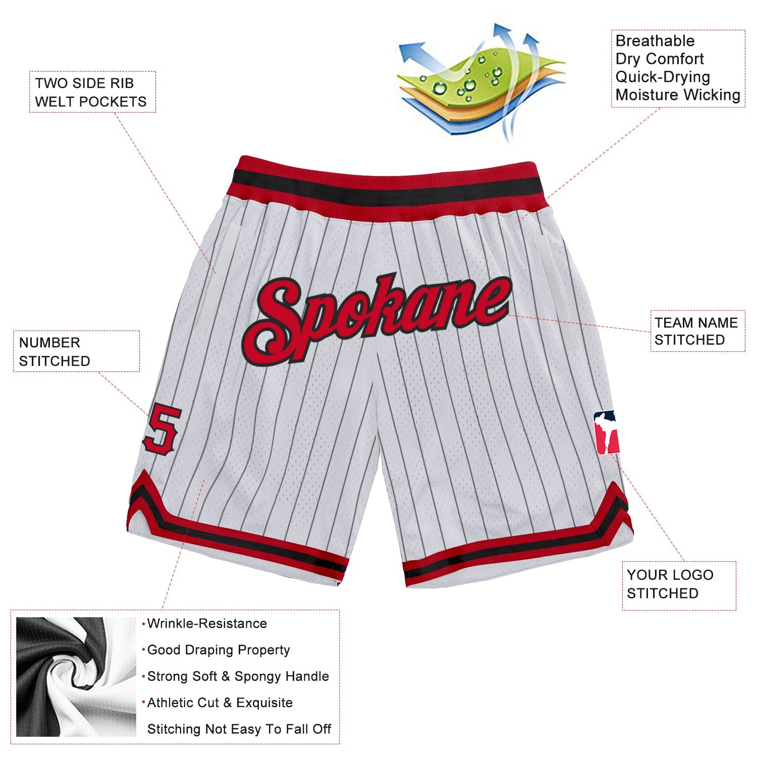 Custom White Black Pinstripe Red-Black Authentic Basketball Shorts view 2