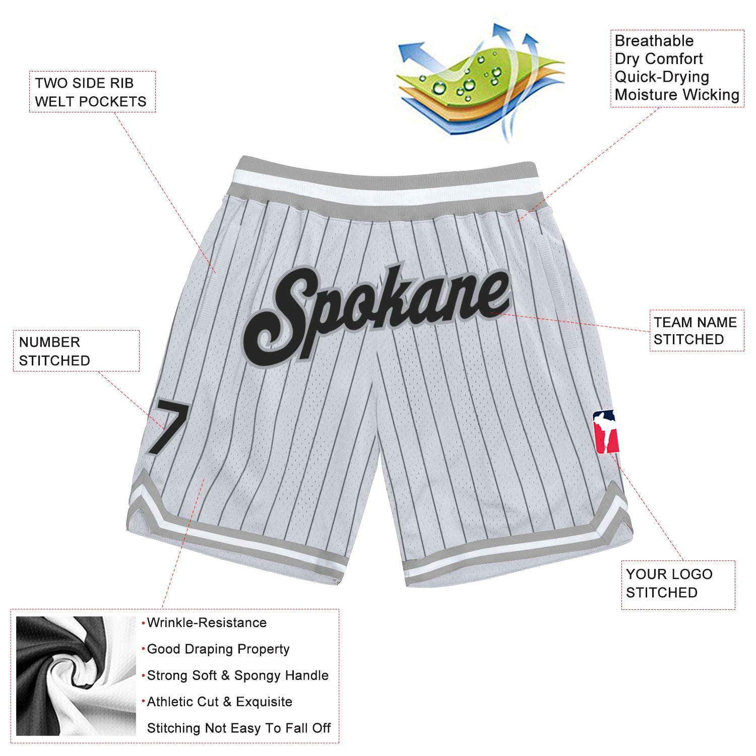Custom White Black Pinstripe Black-Gray Authentic Basketball Shorts view 2