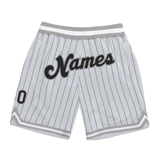 Custom White Black Pinstripe Black-Gray Authentic Basketball Shorts - Main View