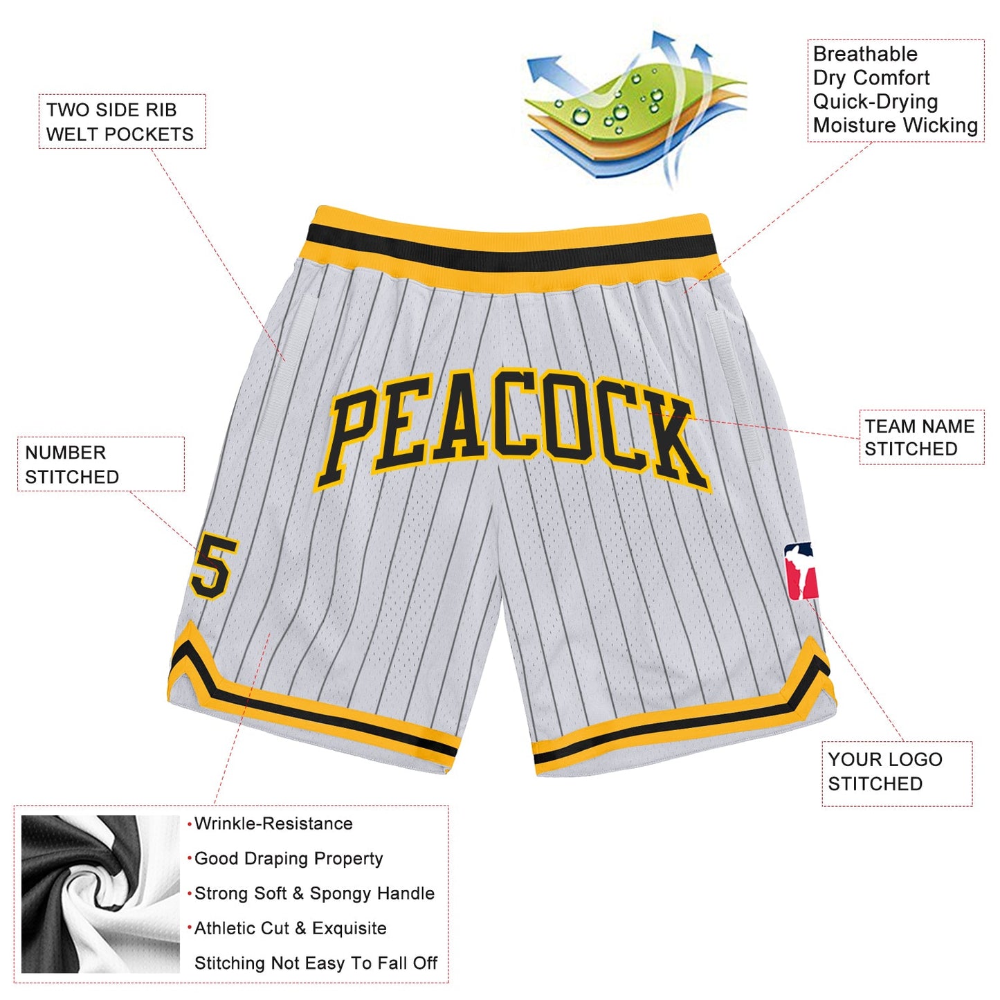 Custom White Black Pinstripe Black-Gold Authentic Basketball Shorts view 2