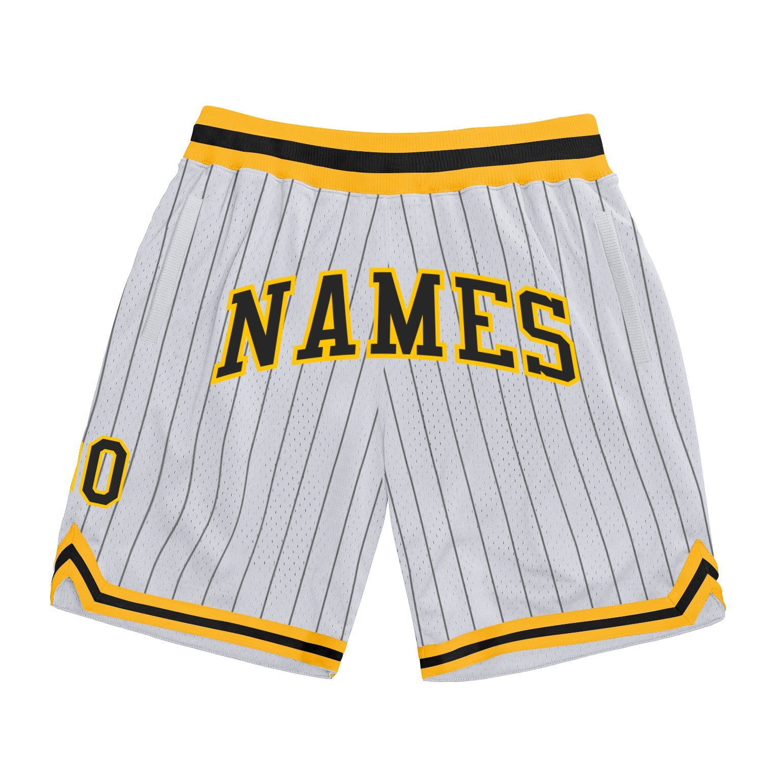 Custom White Black Pinstripe Black-Gold Authentic Basketball Shorts - Main View