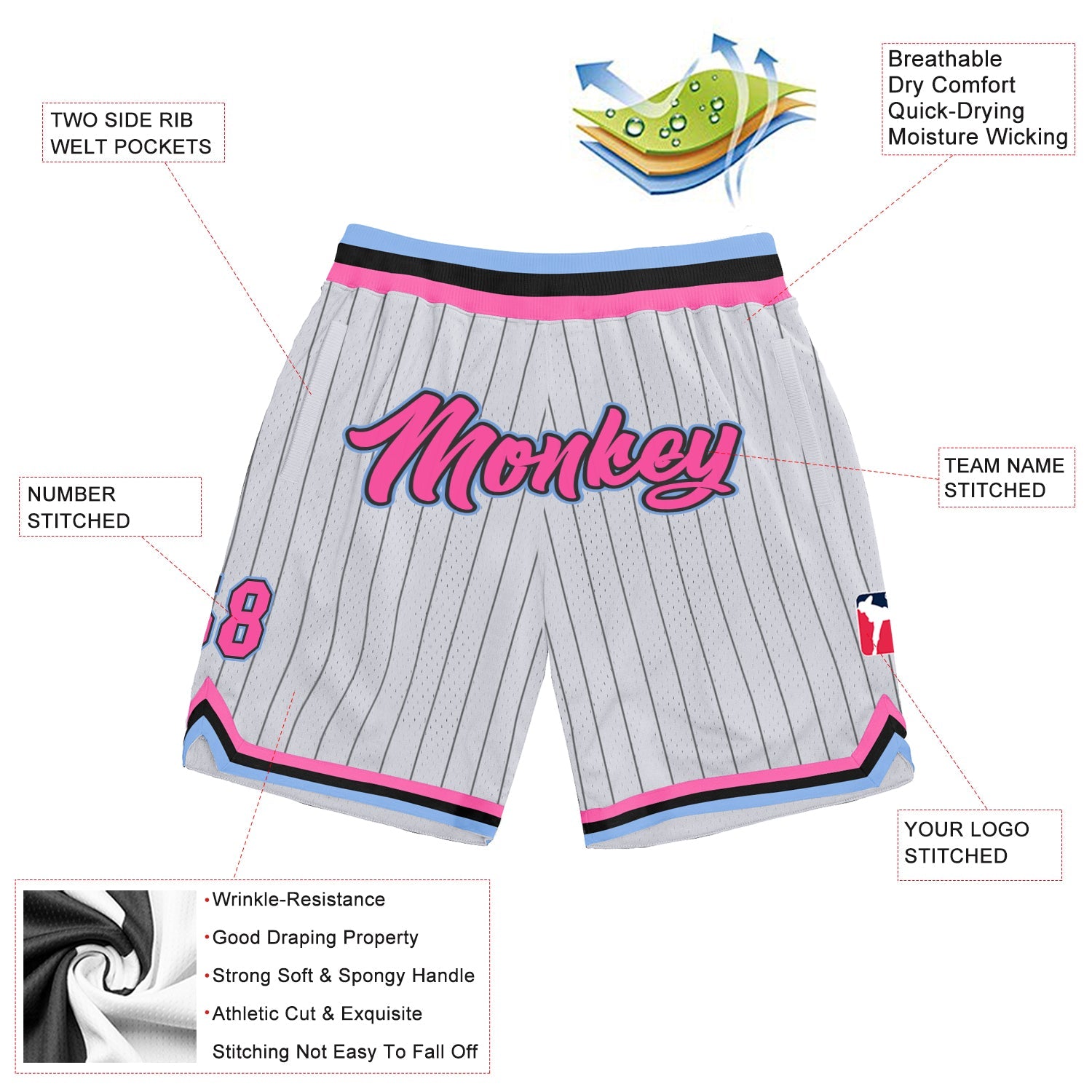 Custom White Black Pinstripe Pink-Light Blue Authentic Basketball Shorts view 2