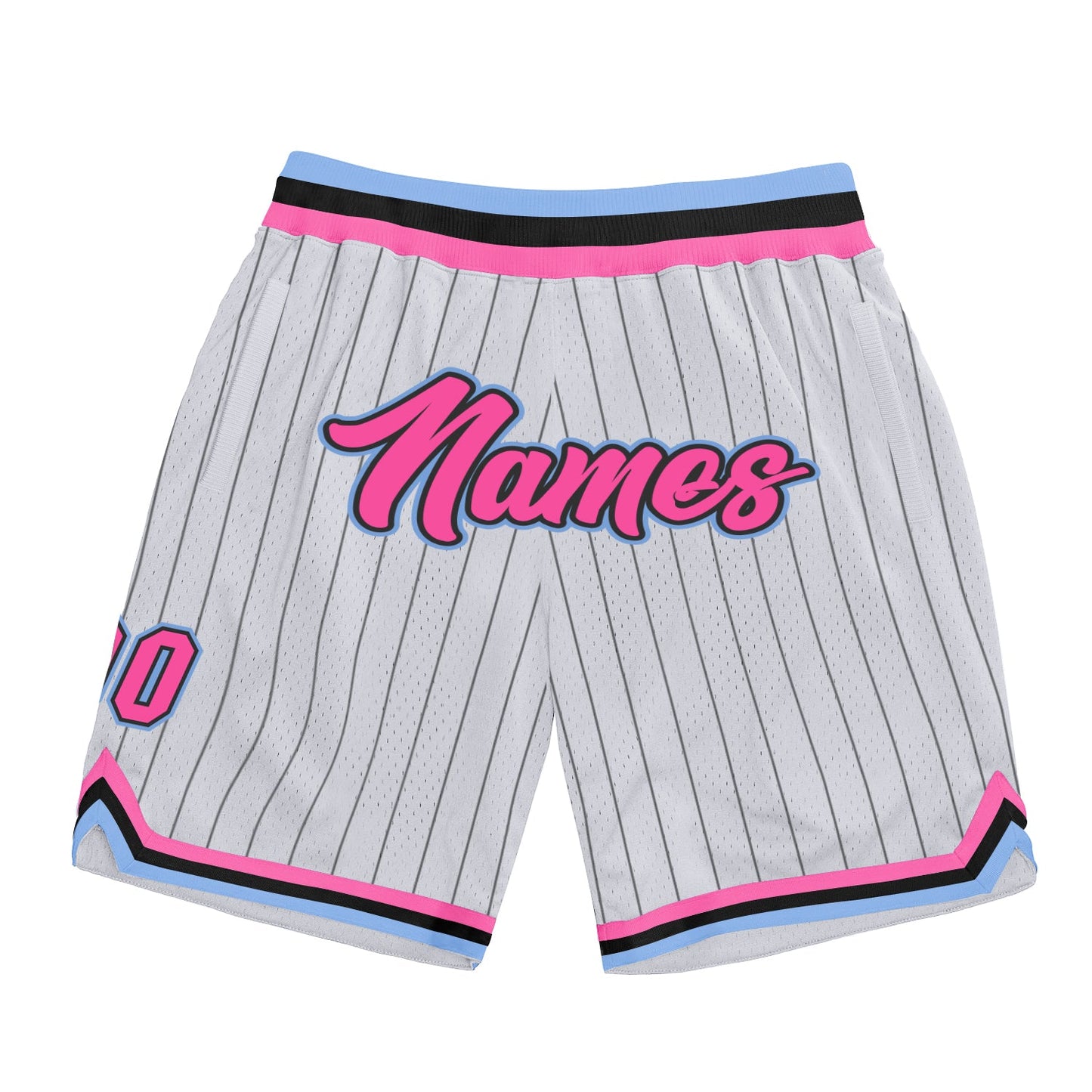 Custom White Black Pinstripe Pink-Light Blue Authentic Basketball Shorts - Main View