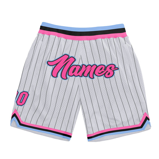 Custom White Black Pinstripe Pink-Light Blue Authentic Basketball Shorts - Main View