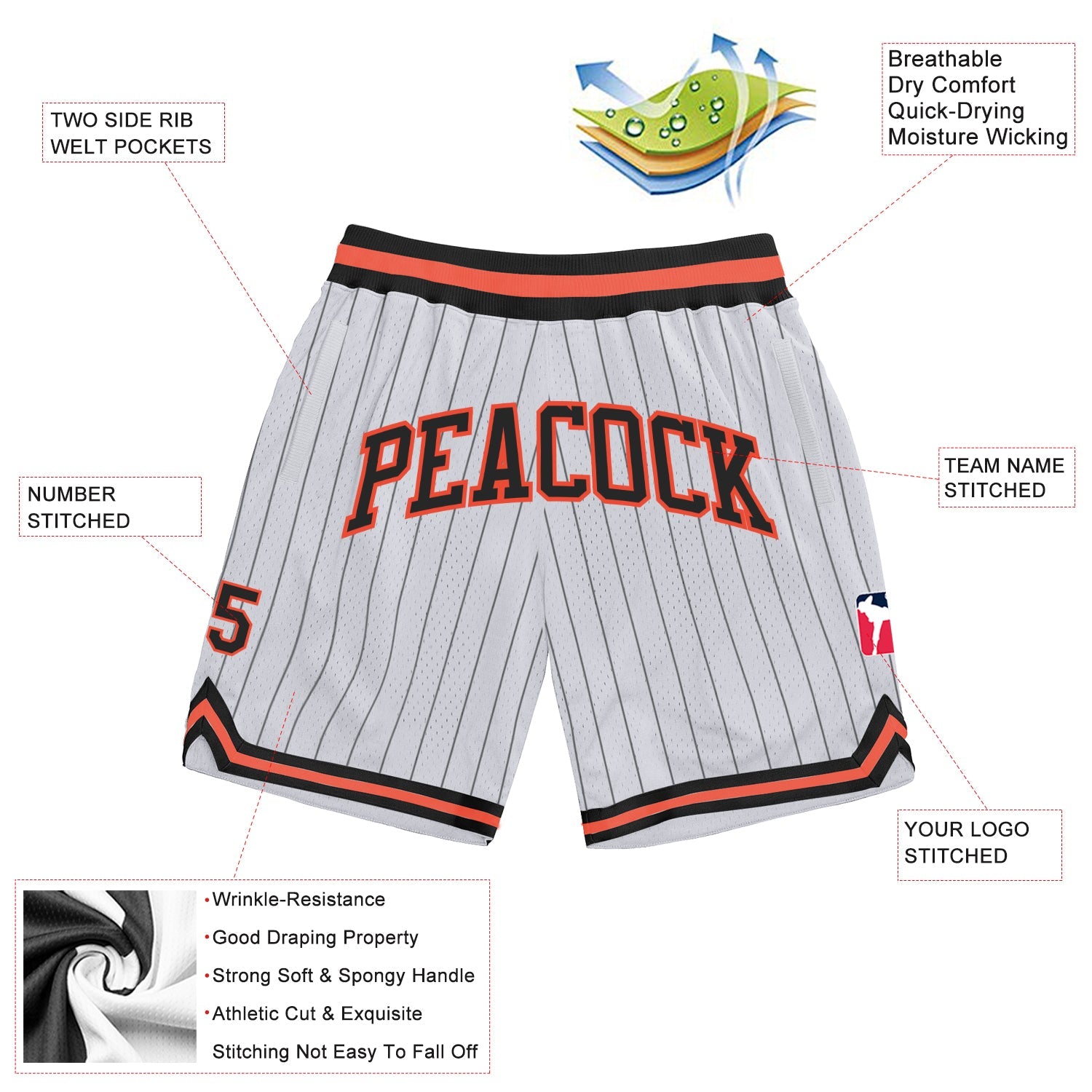 Custom White Black Pinstripe Black-Orange Authentic Basketball Shorts view 2