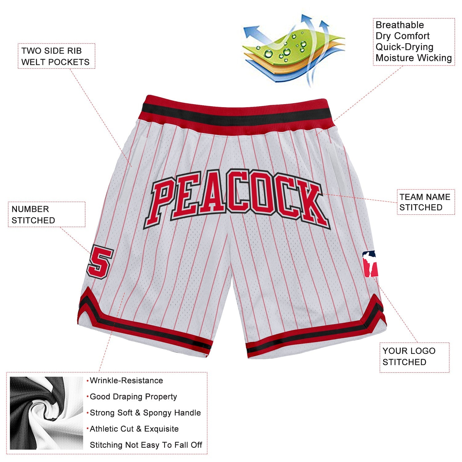 Custom White Red Pinstripe Red-Black Authentic Basketball Shorts view 2