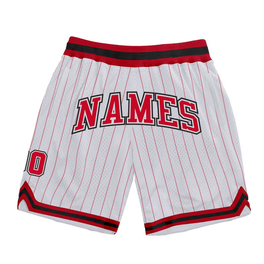 Custom White Red Pinstripe Red-Black Authentic Basketball Shorts - Main View