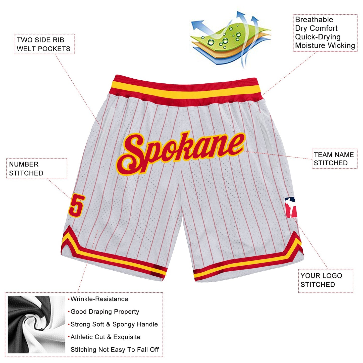 Custom White Red Pinstripe Red-Gold Authentic Basketball Shorts view 2