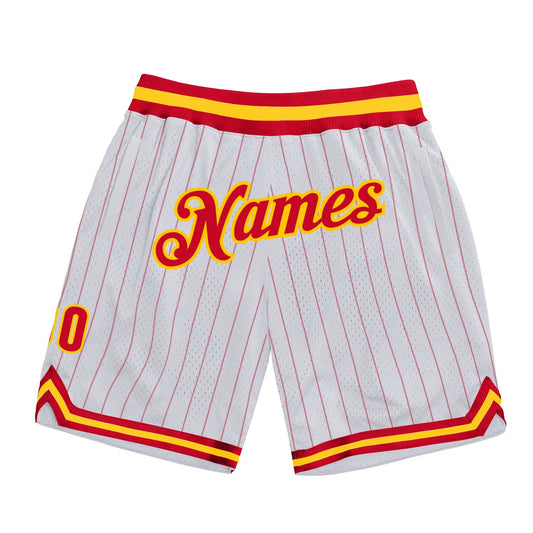 Custom White Red Pinstripe Red-Gold Authentic Basketball Shorts - Main View